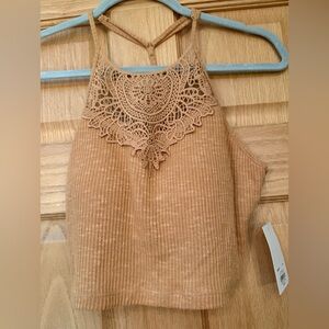SO Tan Ribbed Camisole with Embellished Neckline